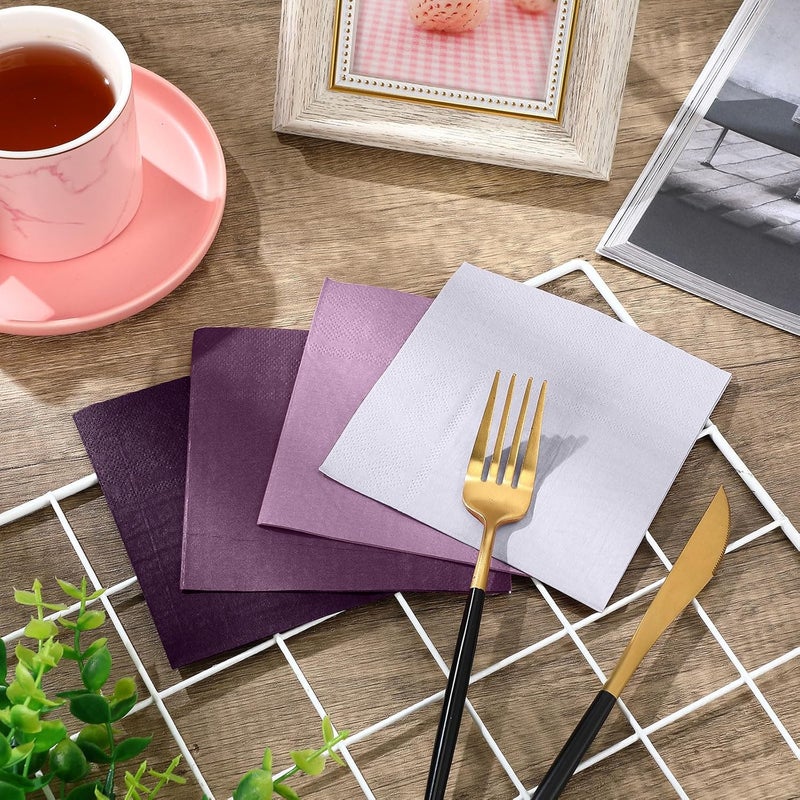 Layhit 100 Pcs Cocktail Napkins Disposable Beverage Napkins Square Paper Dessert Tissue for Valentine's Day Wedding Birthday Party Supplies(Purple Series,5 x 5 Inch) - Image 3